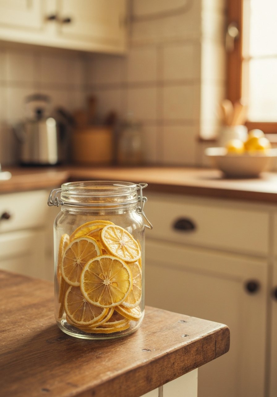 Mason jar of freeze-dried lemon slices on a sunny windowsill